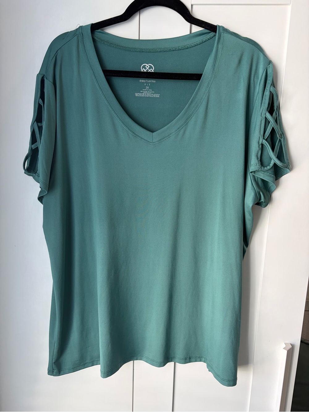 Daisy Fuentes Teal V-Neck Short Sleeve Top with Lattice Sleeve Detail
